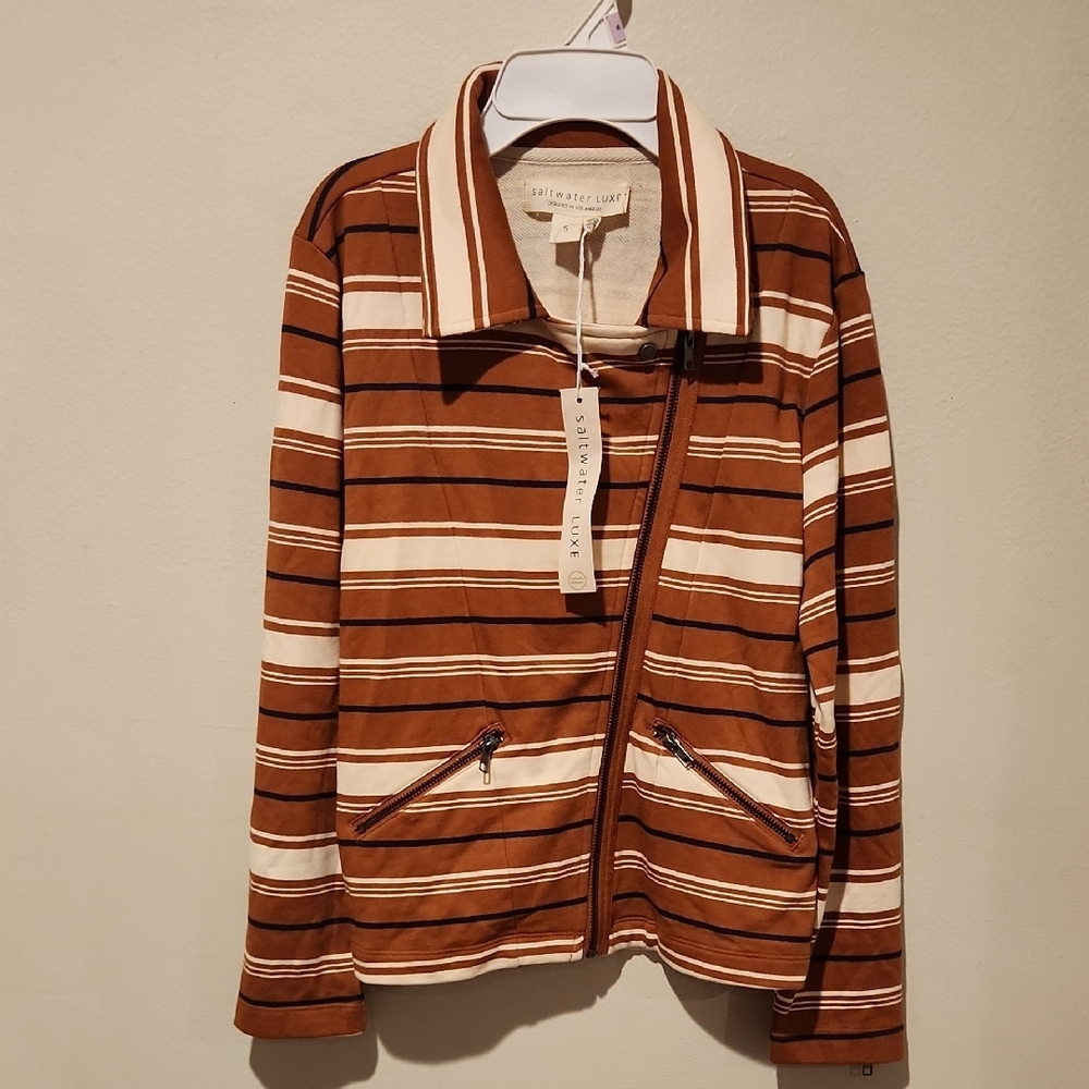 ❤️ NWT! SALTWATER LUXE STRIPED MOTO JACKET ON COTTON TERRY, SMALL - Picture 2 of 9